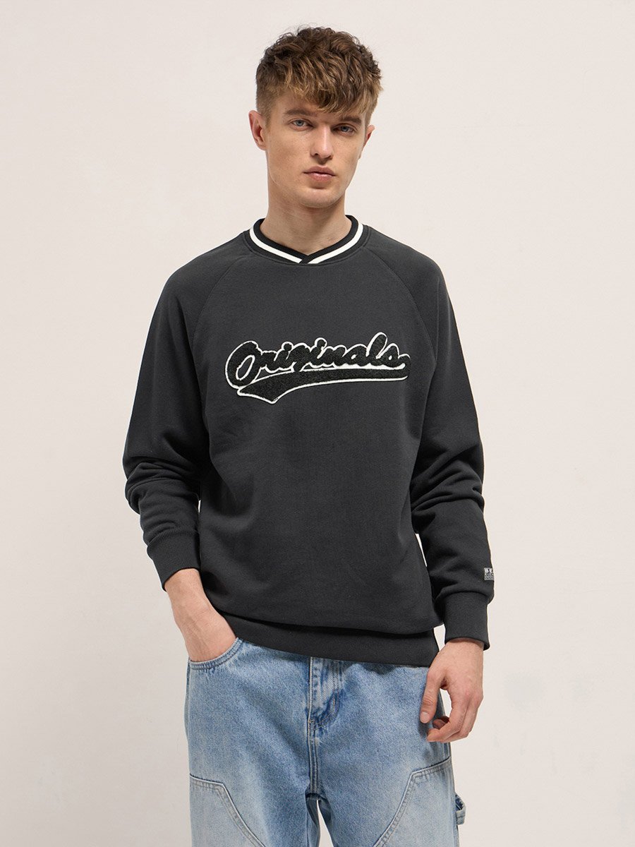 Men Embroidered Patch V Neck Hoodie