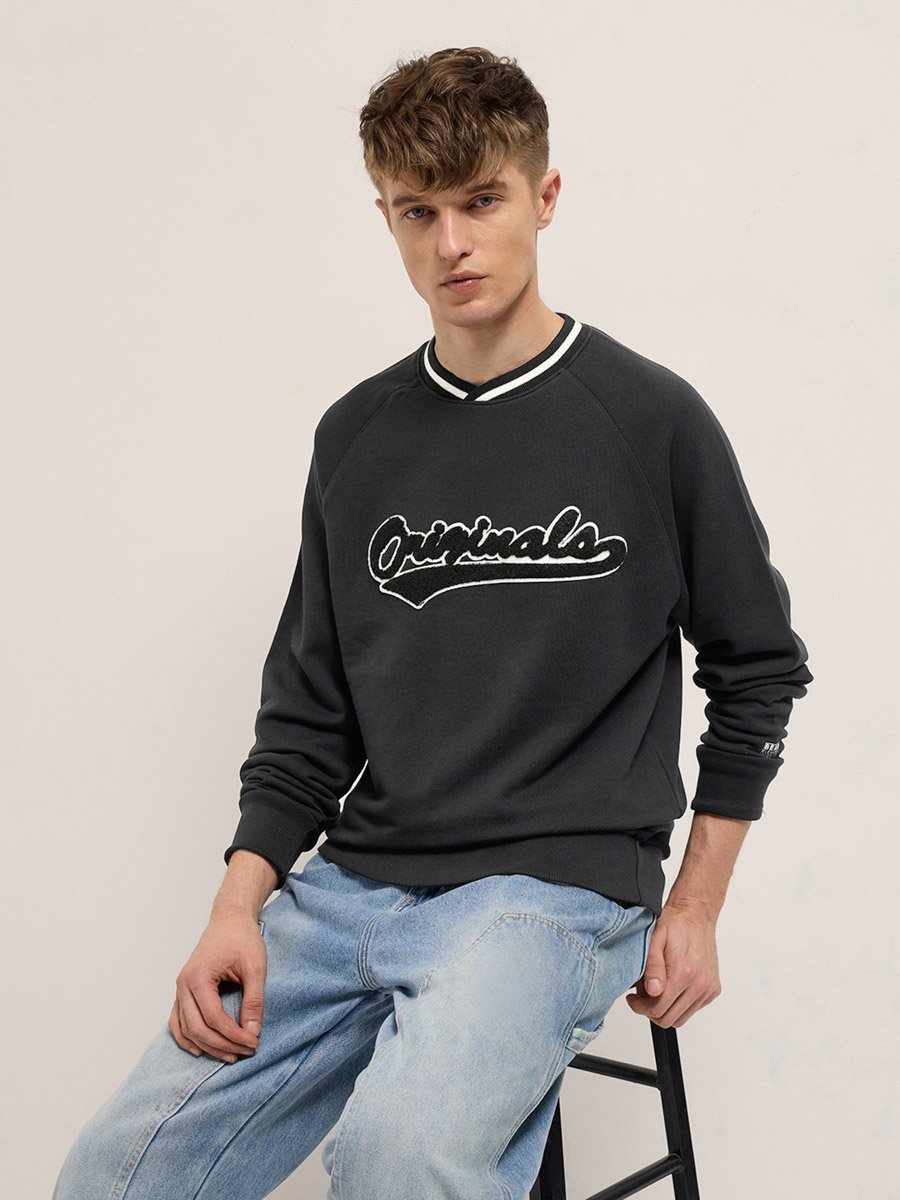 Men Embroidered Patch V Neck Hoodie