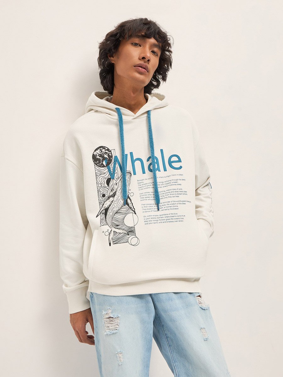 Men Cotton Relaxed Fit Graphic Print Hoodie