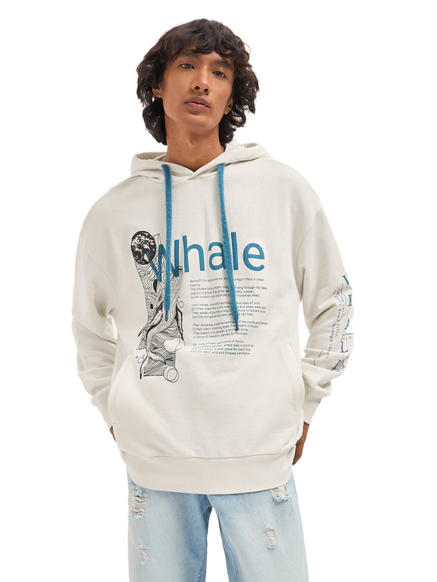 Men Cotton Relaxed Fit Graphic Print Hoodie