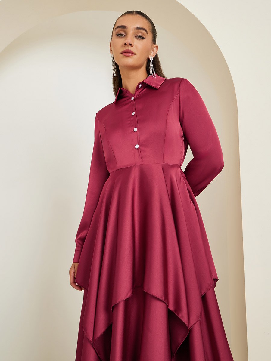 Women Satin Asymmetric Hem Layered Maxi Dress