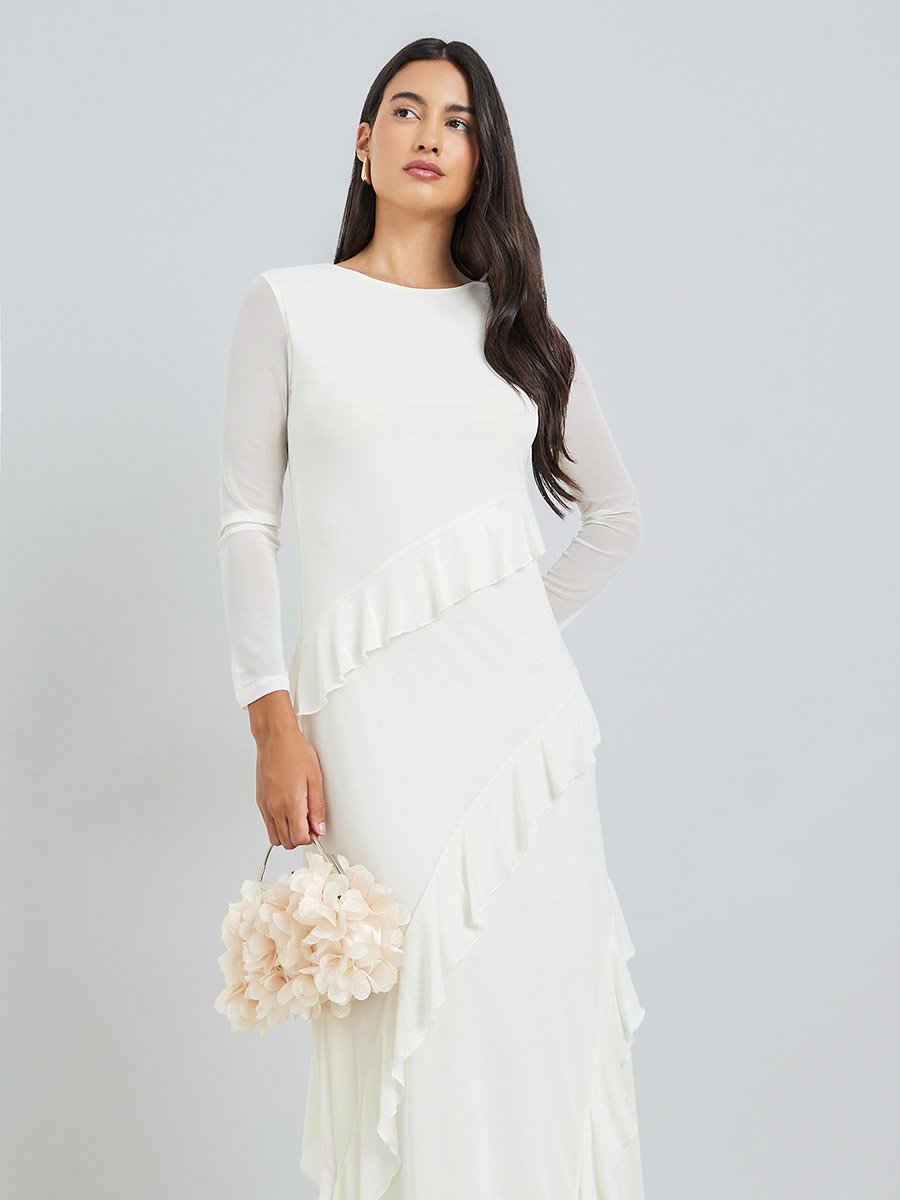 chinese dress ladies Cream Off Shoulder Ruched Sheer Maxi Dress – Selene Dress