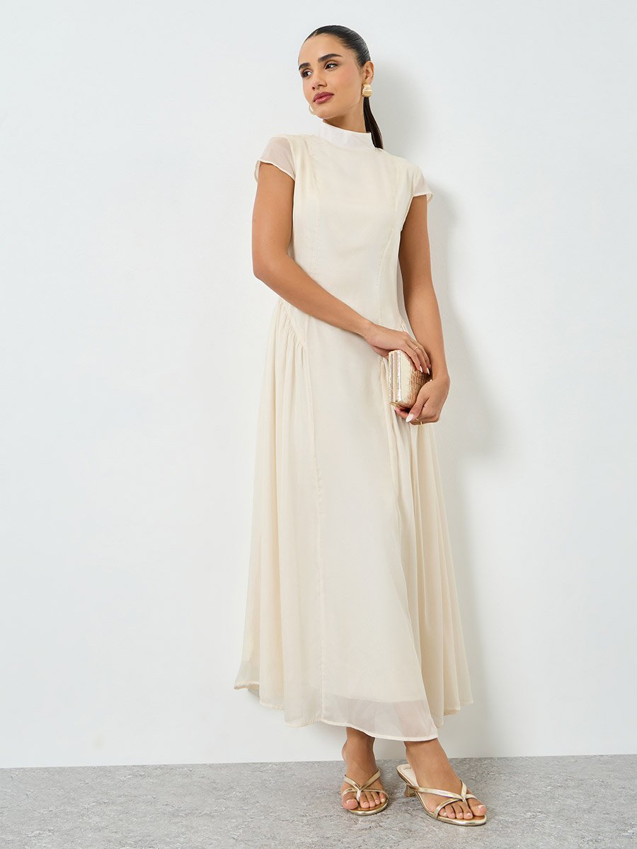 Beige Pleated Short Sleeves A-Line Maxi Dress