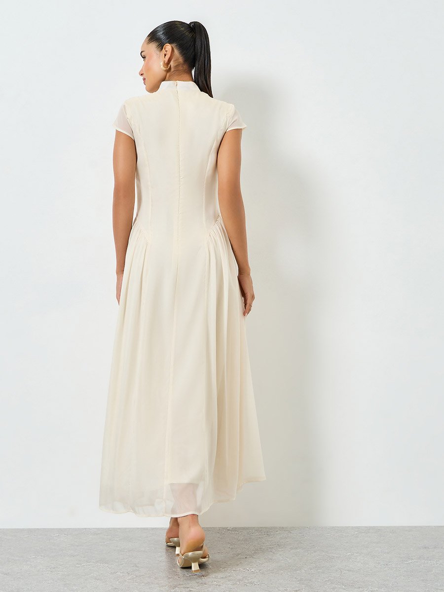 Beige Pleated Short Sleeves A-Line Maxi Dress