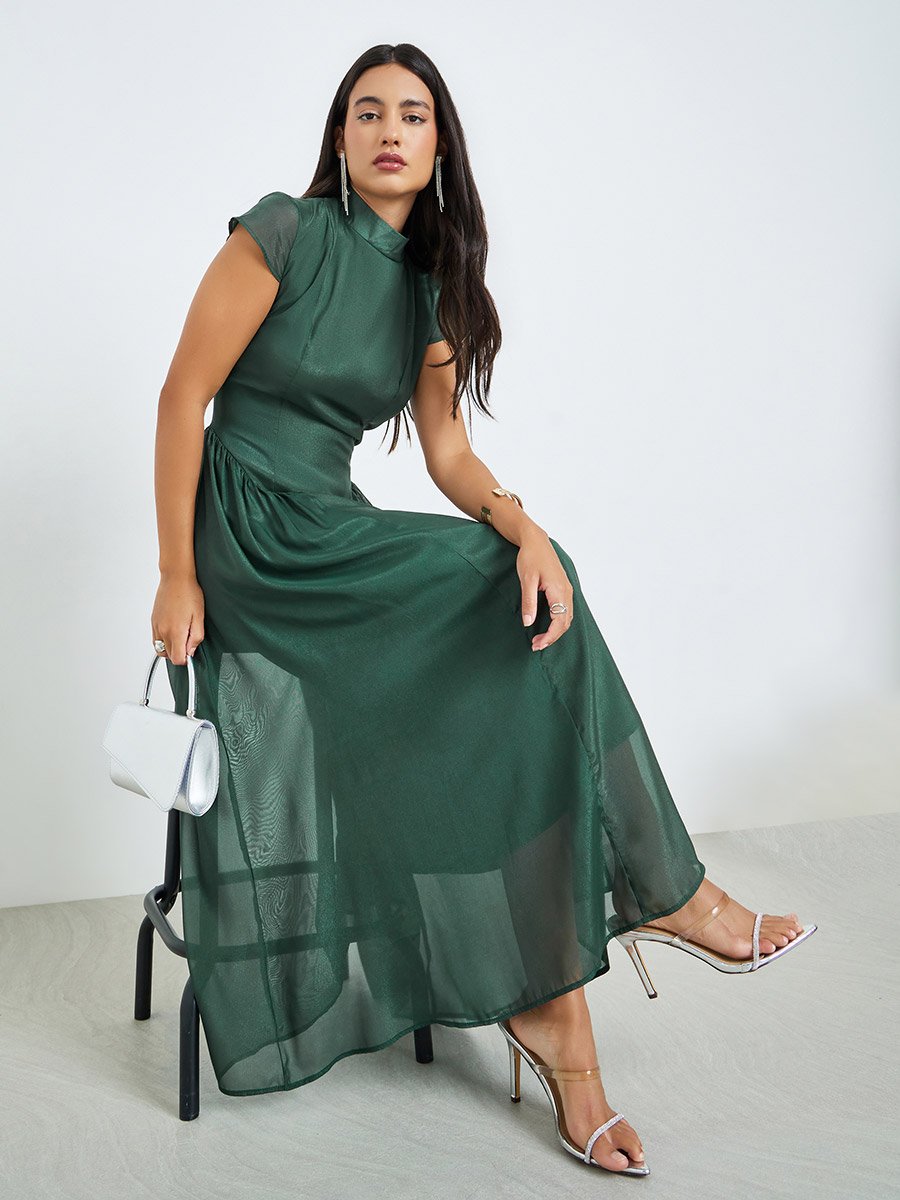 Green Short Sleeves Pleated A-Line Maxi Dress For Women at Kuwait | Styli Green Short Sleeves Pleated A-Line Maxi Dress For Women at Kuwait | Styli