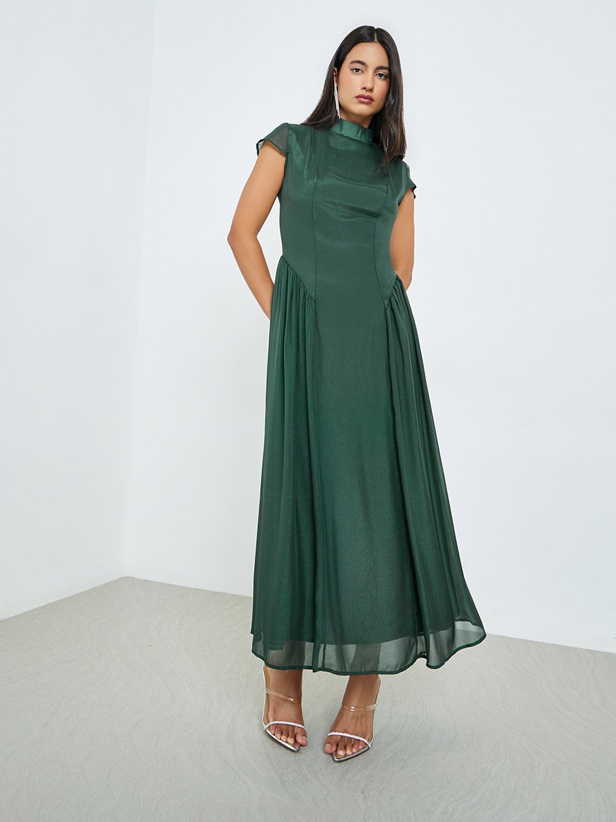 Green Short Sleeves Pleated A-Line Maxi Dress