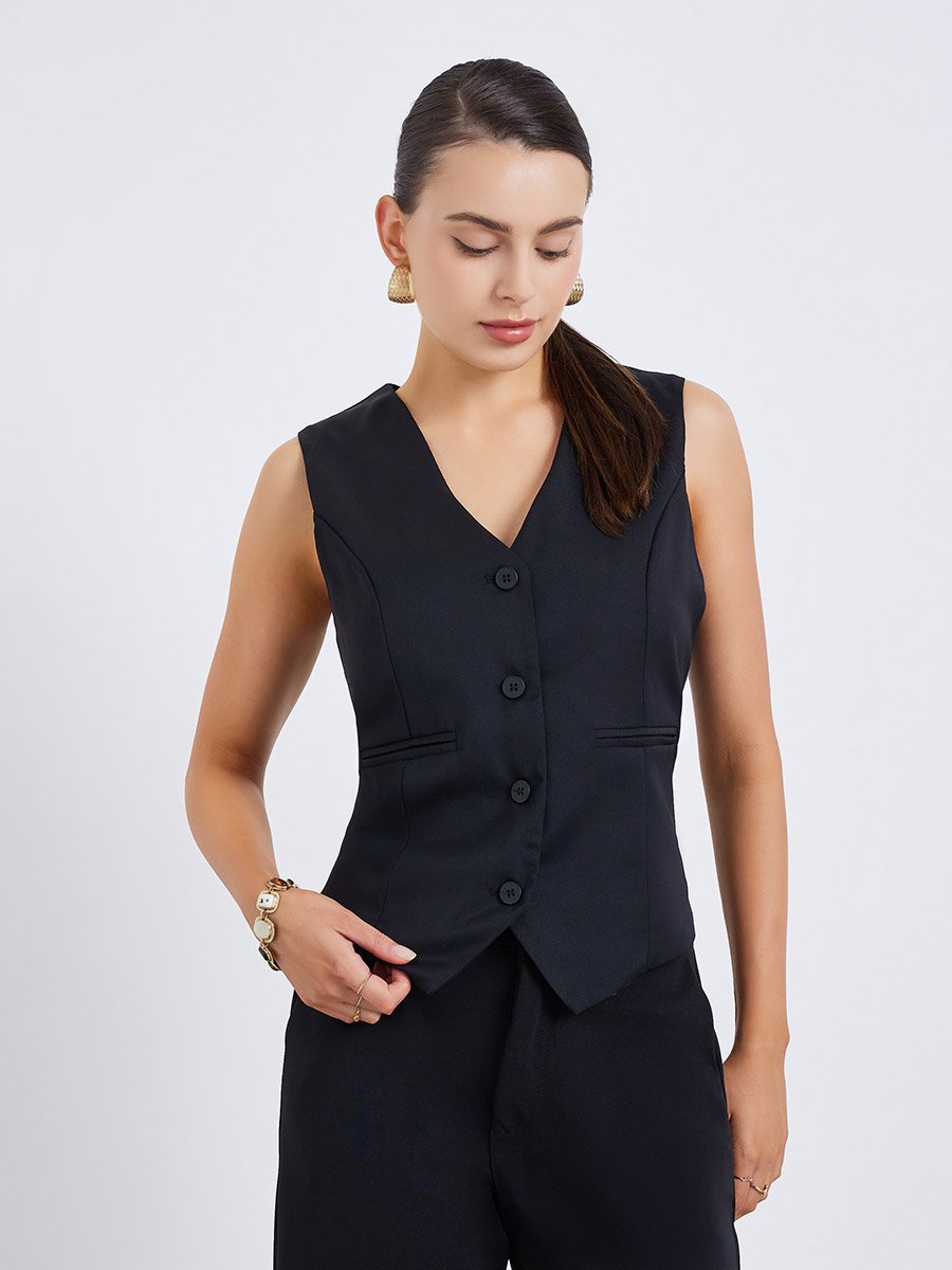Women Black Sleeveless Waistcoat