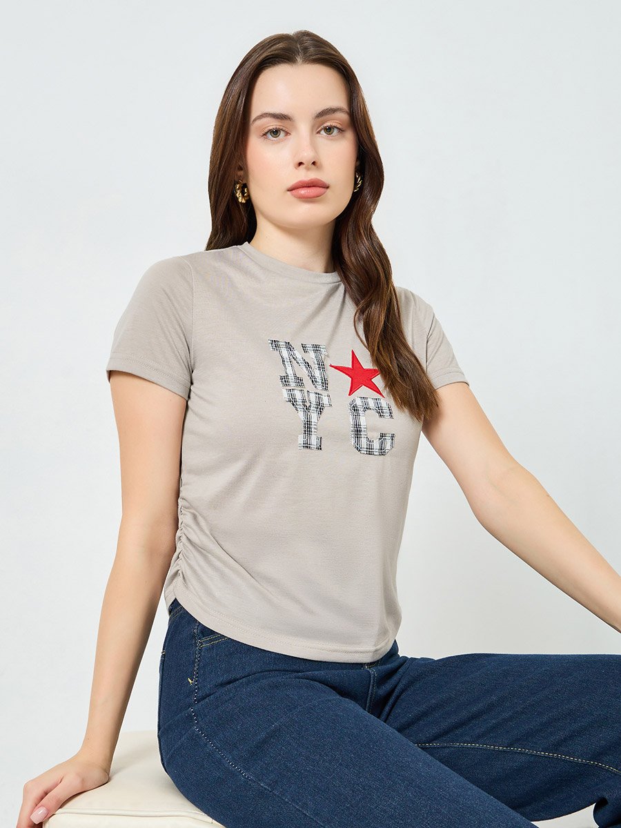Women Beige Graphic Print Ruched T-Shirt