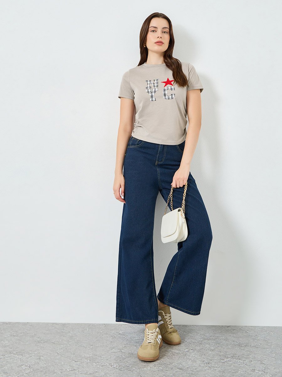 Women Beige Graphic Print Ruched T-Shirt