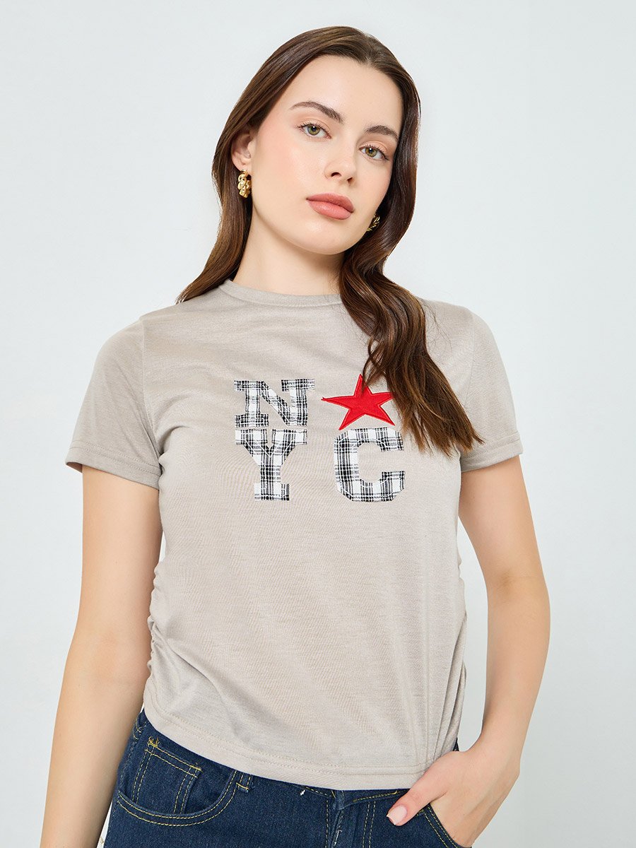 Women Beige Graphic Print Ruched T-Shirt