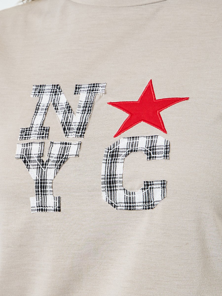 Women Beige Graphic Print Ruched T-Shirt