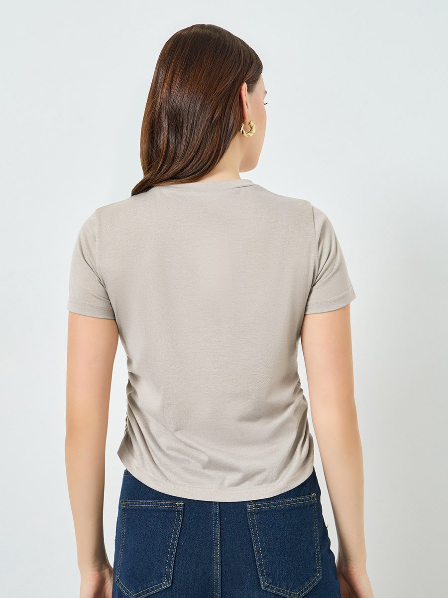 Women Beige Graphic Print Ruched T-Shirt