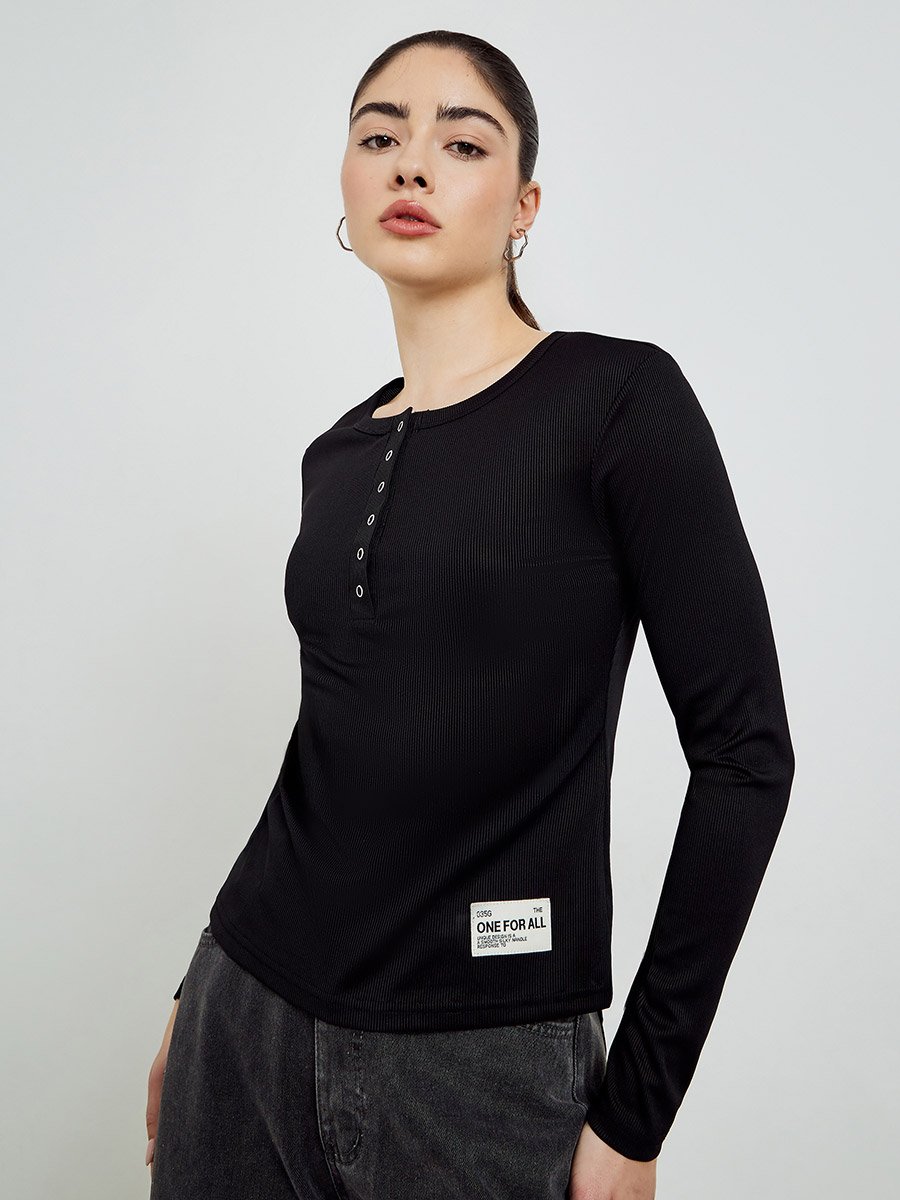 Black Ribbed Henley Long Sleeve T-Shirt
