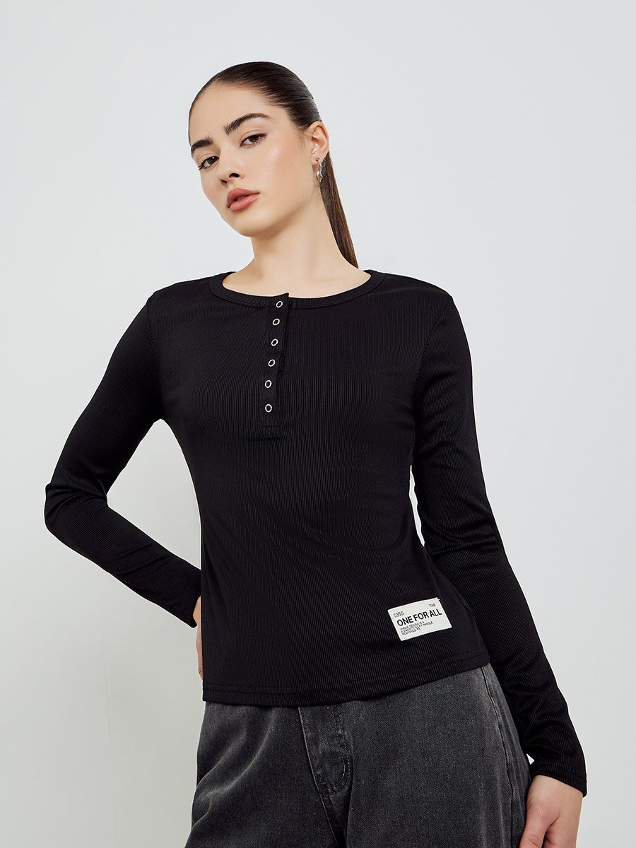 Black Ribbed Henley Long Sleeve T-Shirt