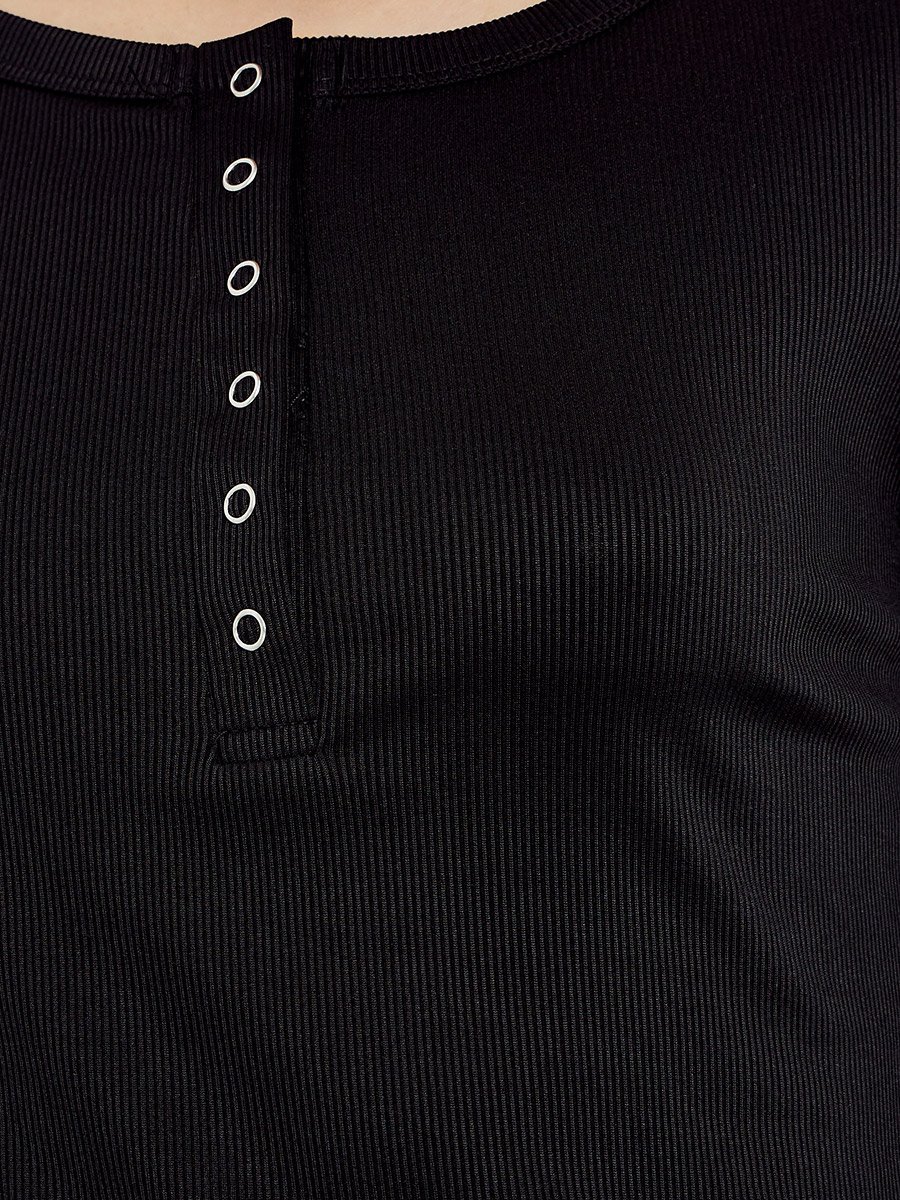 Black Ribbed Henley Long Sleeve T-Shirt