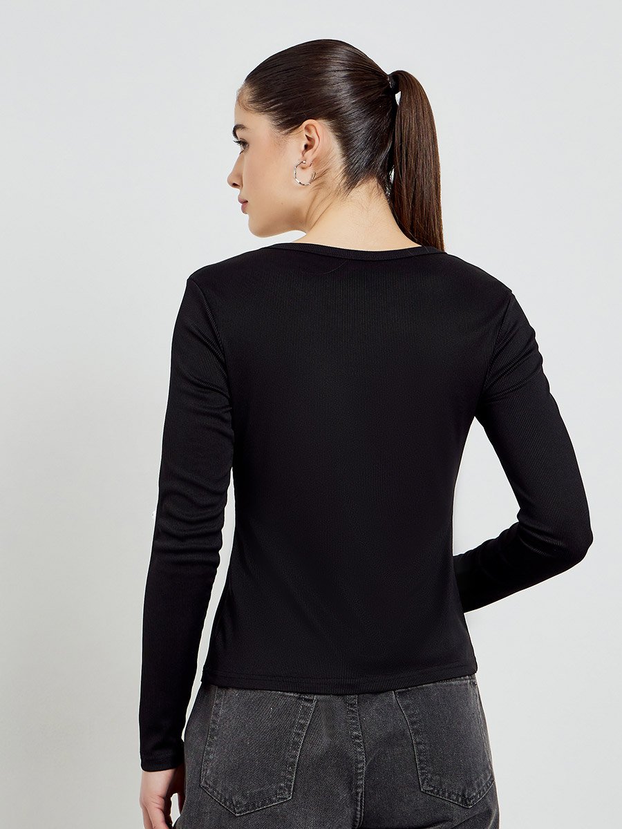 Black Ribbed Henley Long Sleeve T-Shirt