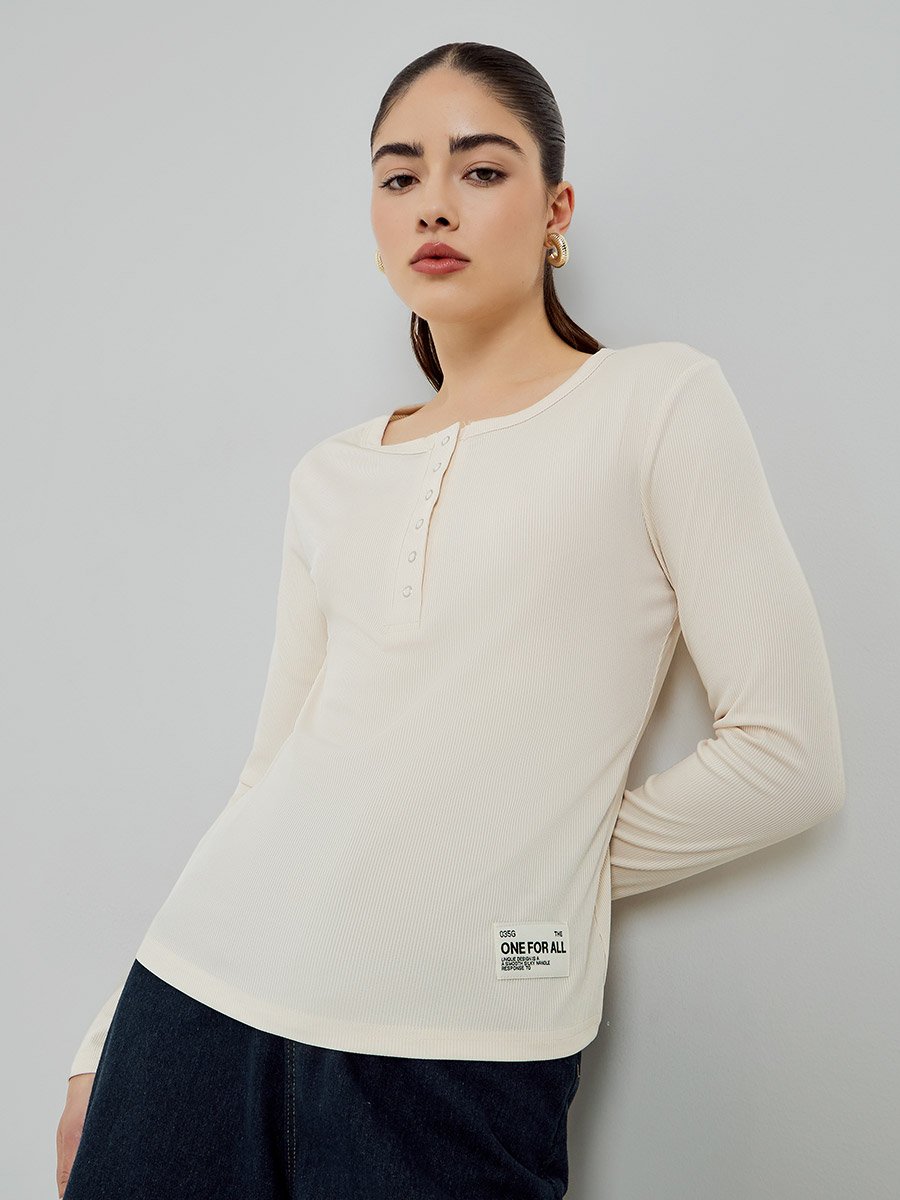 Beige Ribbed Henley Long Sleeve T-Shirt