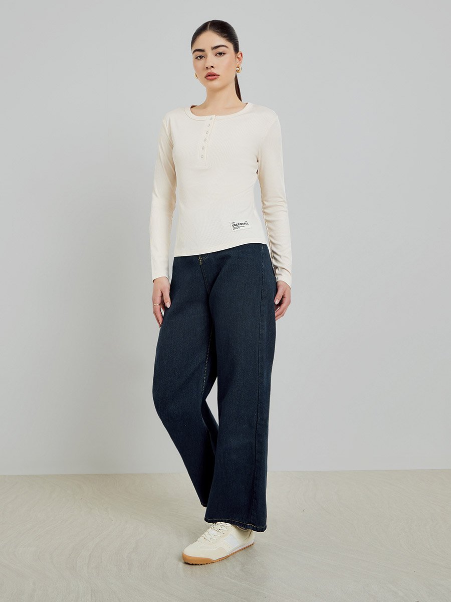 Beige Ribbed Henley Long Sleeve T-Shirt