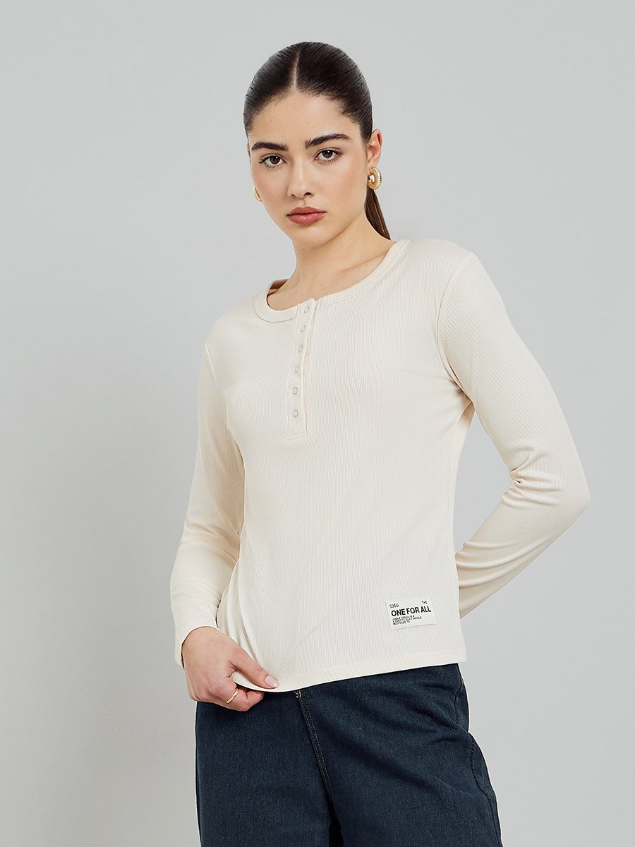 Beige Ribbed Henley Long Sleeve T-Shirt