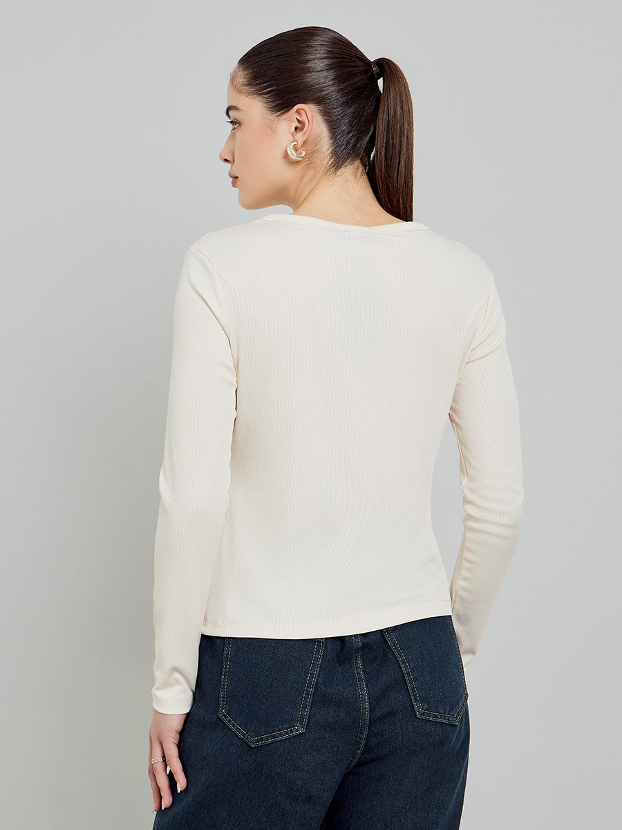 Beige Ribbed Henley Long Sleeve T-Shirt