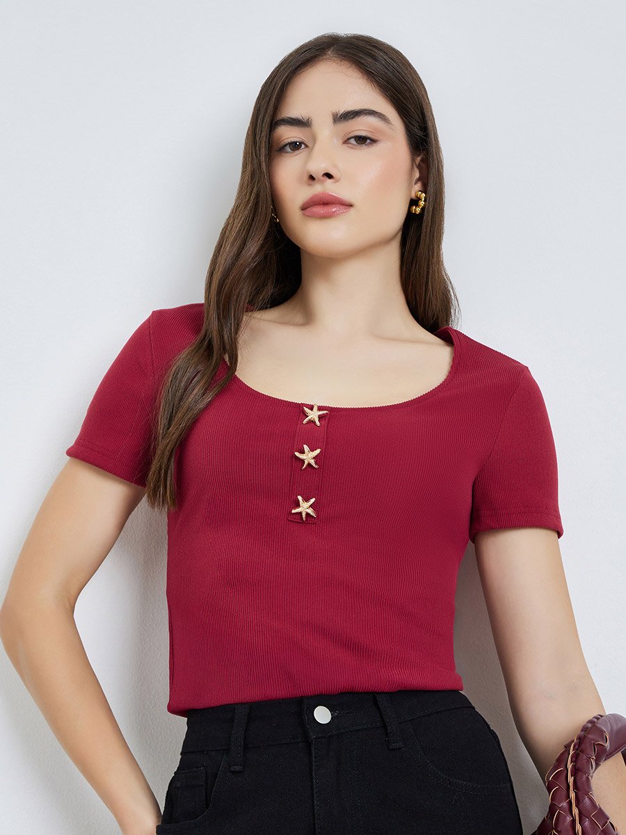 Red Ribbed Scoop Neck T-Shirt with Star Buttons