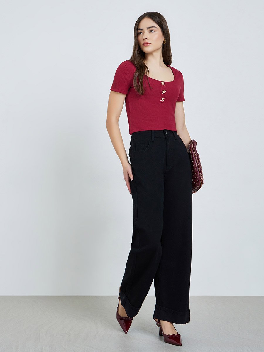 Red Ribbed Scoop Neck T-Shirt with Star Buttons