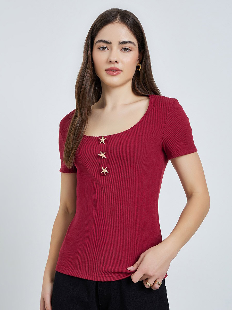 Red Ribbed Scoop Neck T-Shirt with Star Buttons