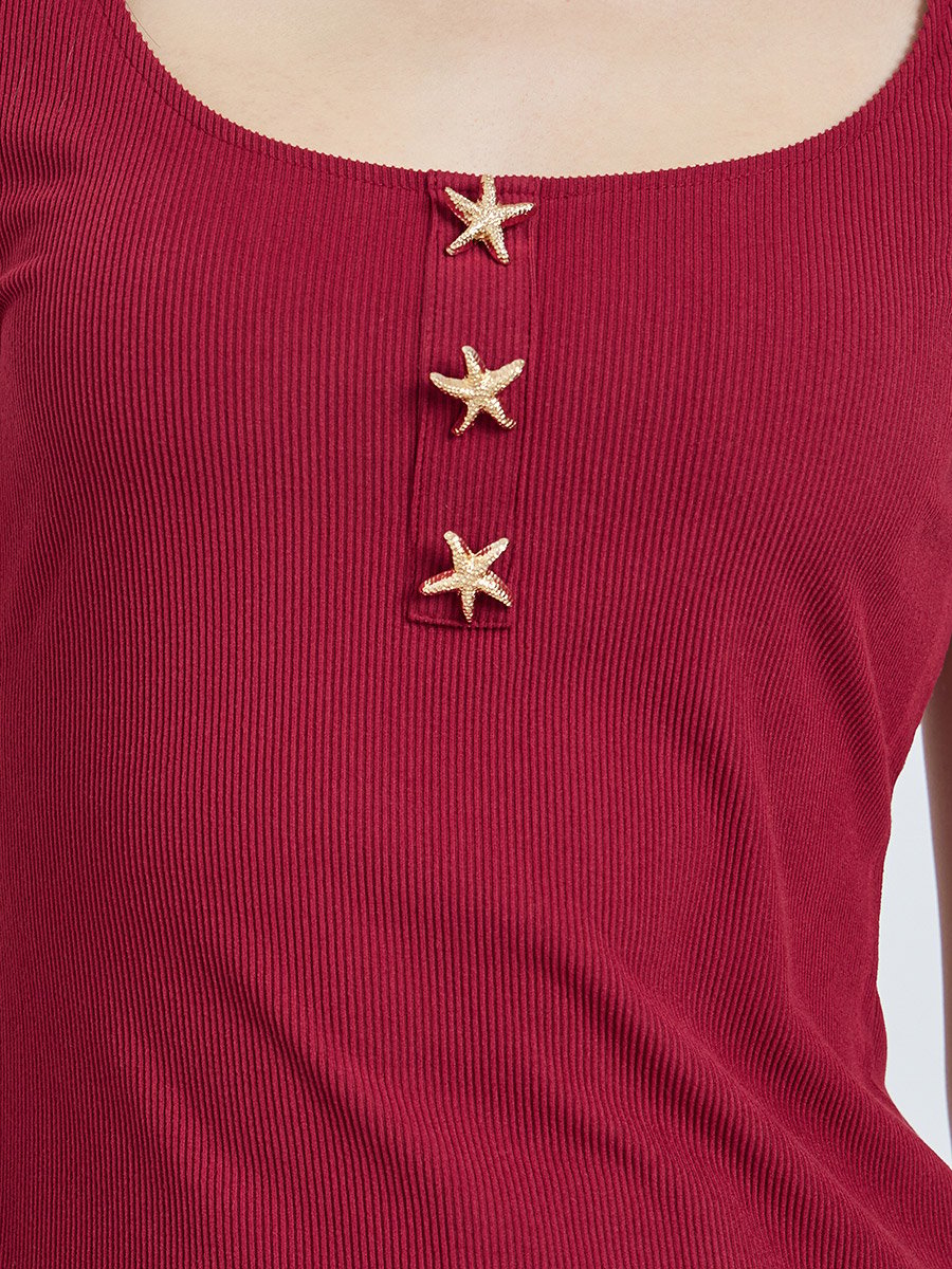 Red Ribbed Scoop Neck T-Shirt with Star Buttons