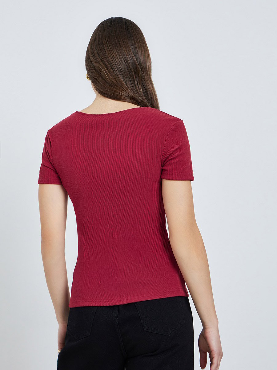 Red Ribbed Scoop Neck T-Shirt with Star Buttons
