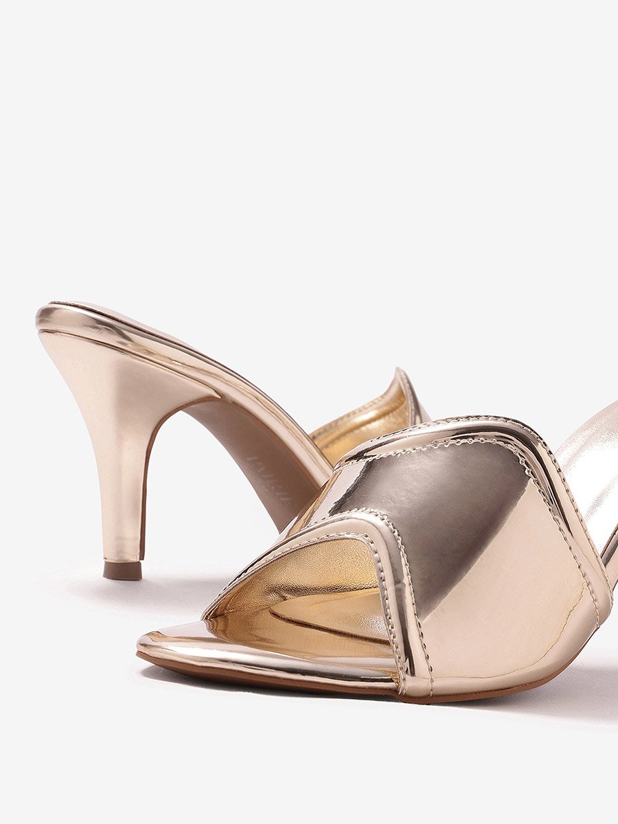 Women Metallic Gold High Heel Mules