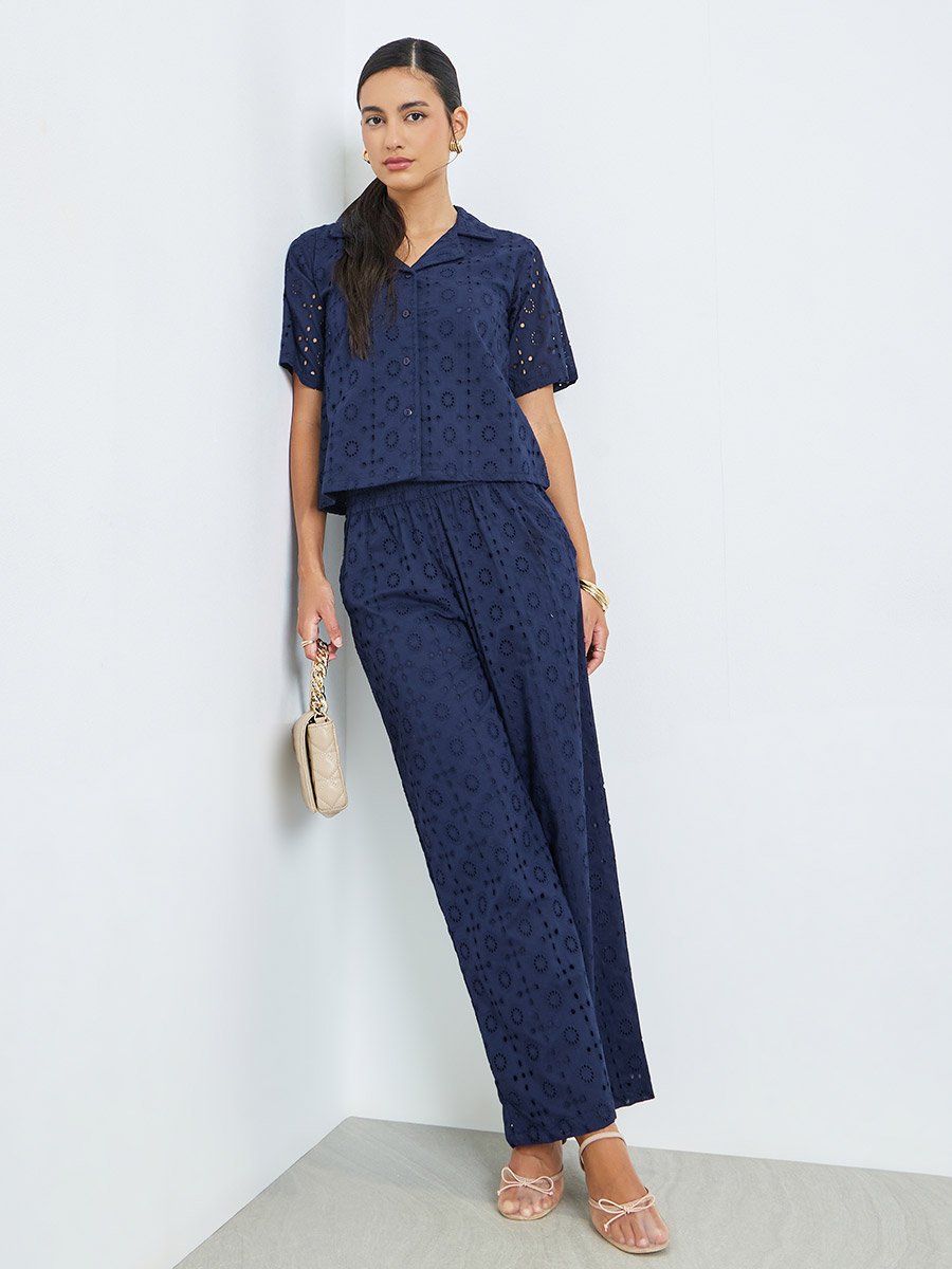 Navy Blue Embroidered Eyelet Top and Trousers Co-Ords