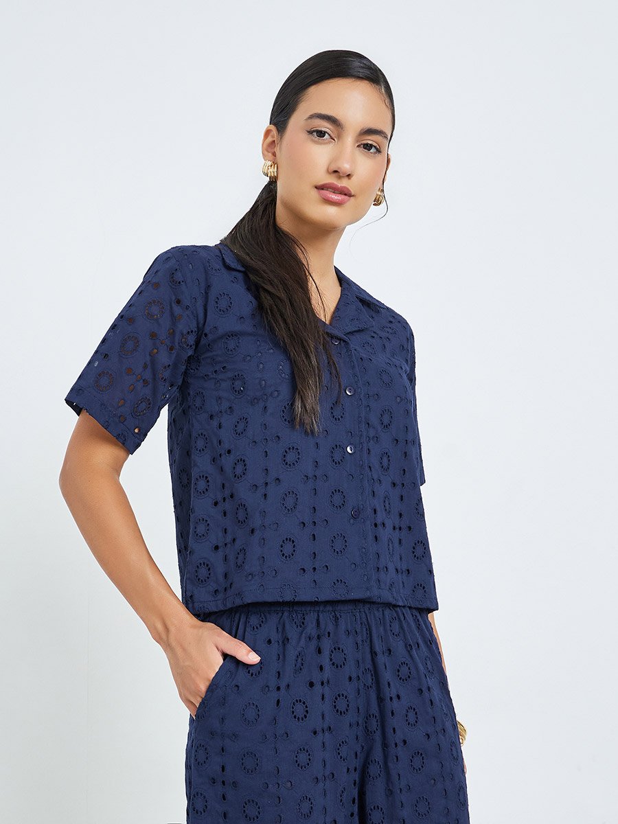 Navy Blue Embroidered Eyelet Top and Trousers Co-Ords