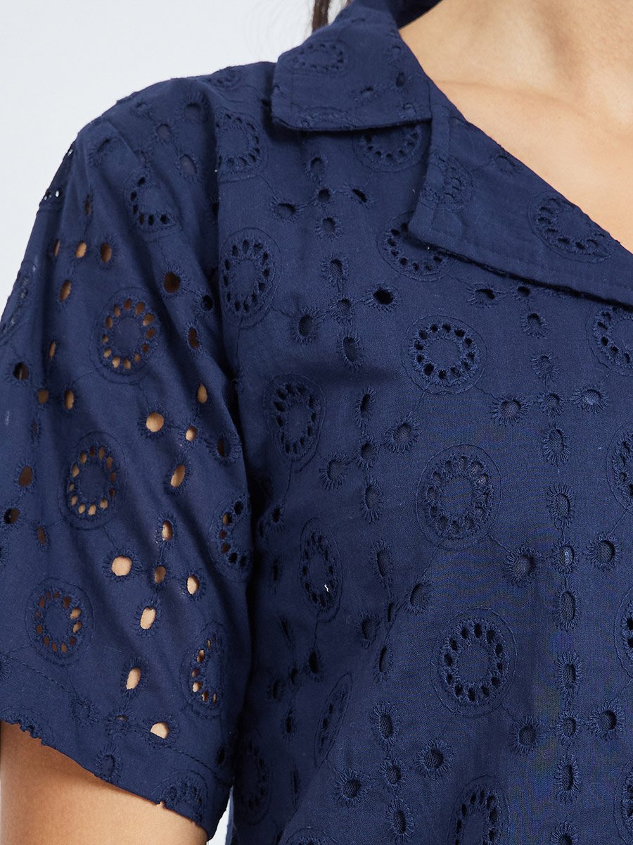 Navy Blue Embroidered Eyelet Top and Trousers Co-Ords