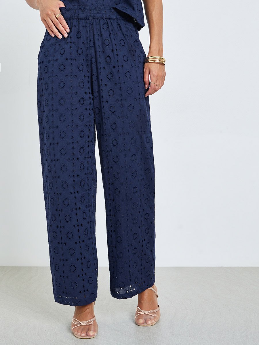 Navy Blue Embroidered Eyelet Top and Trousers Co-Ords