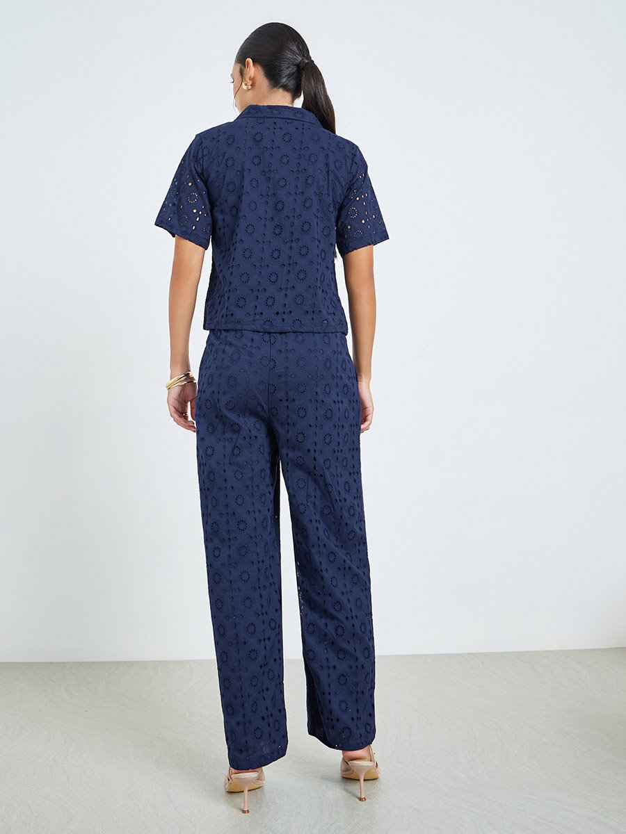 Navy Blue Embroidered Eyelet Top and Trousers Co-Ords