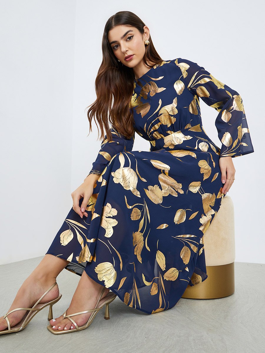 Women Navy Blue Foil Print A-Line Maxi Dress For Women at Bahrain | Styli Women Navy Blue Foil Print A-Line Maxi Dress For Women at Bahrain | Styli