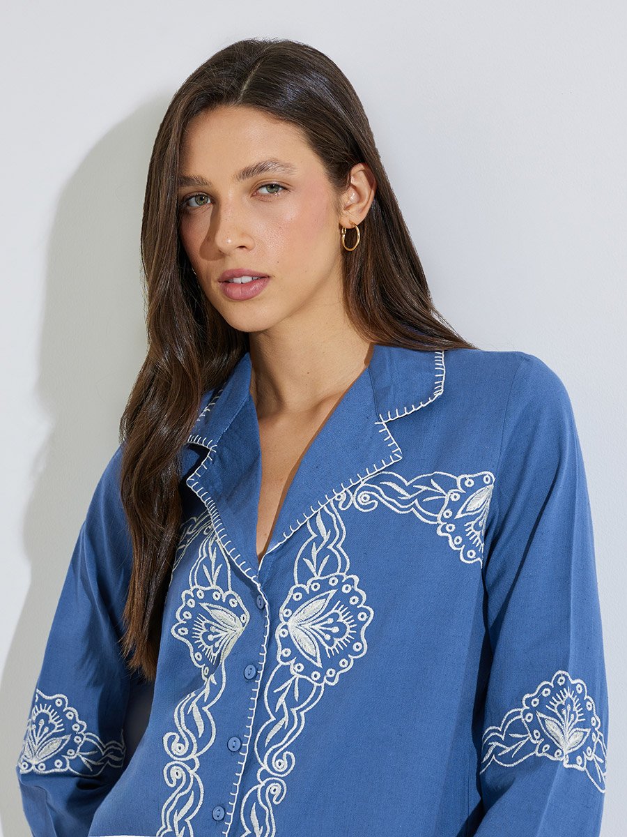 Blue Embroidered Resort Collar Cotton Shirt