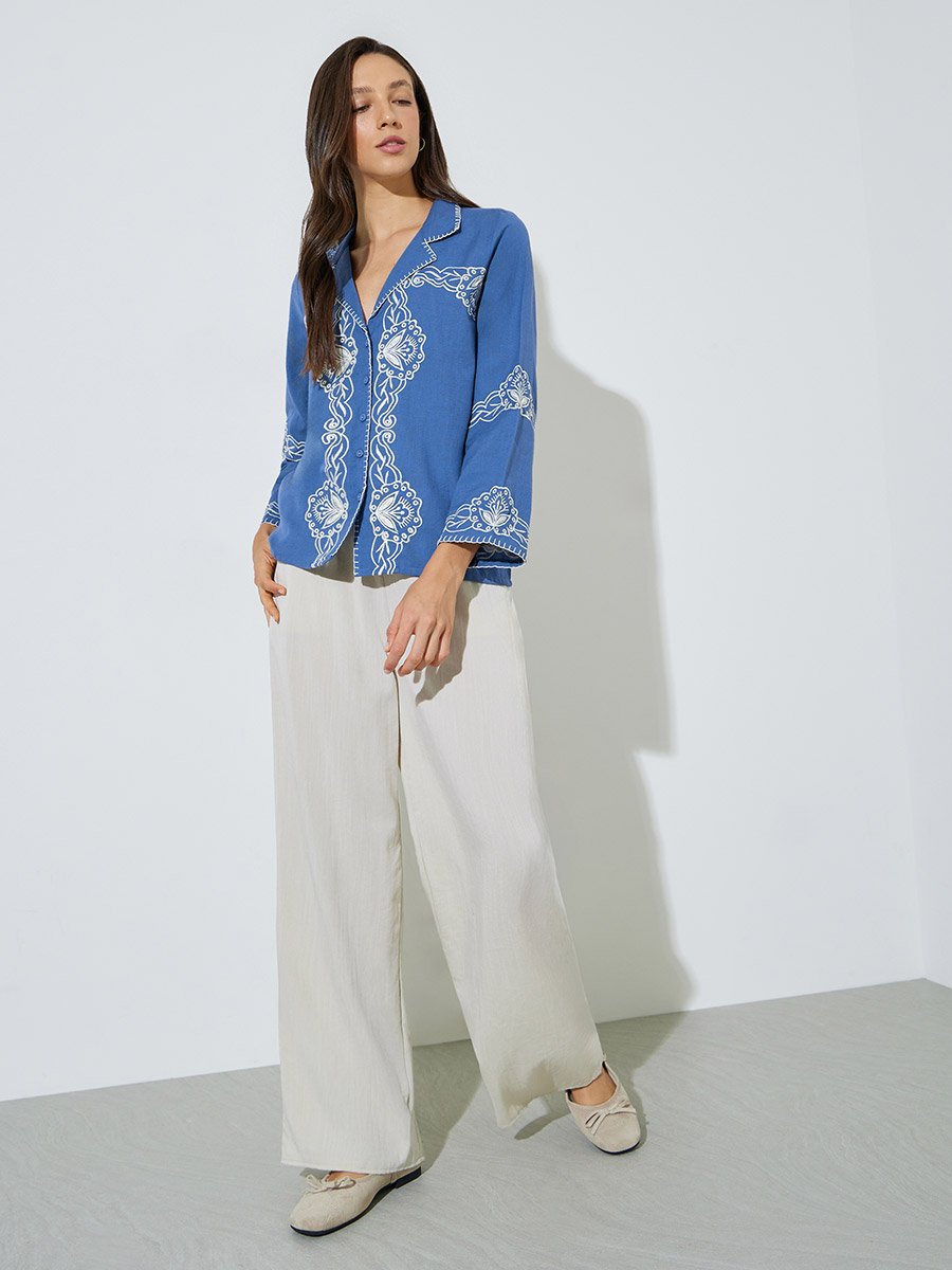 Blue Embroidered Resort Collar Cotton Shirt