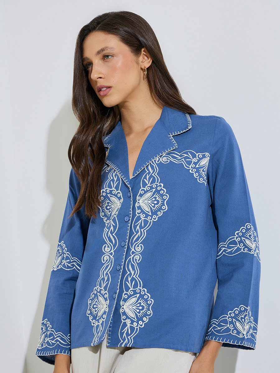 Blue Embroidered Resort Collar Cotton Shirt