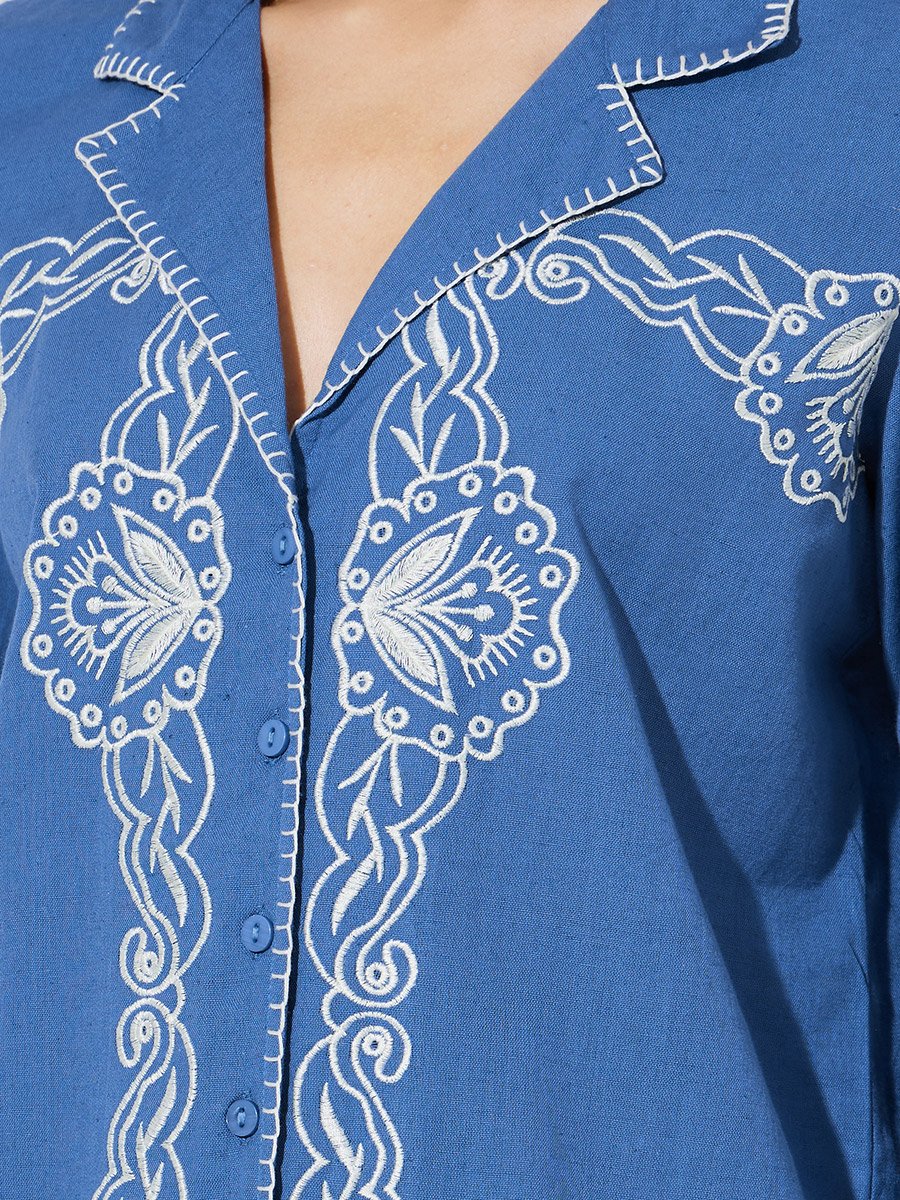 Blue Embroidered Resort Collar Cotton Shirt
