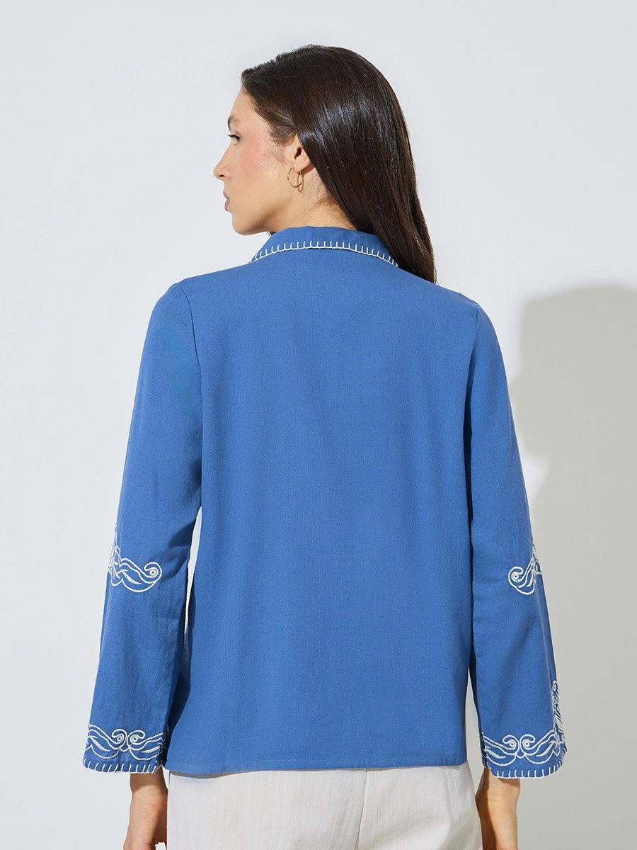 Blue Embroidered Resort Collar Cotton Shirt