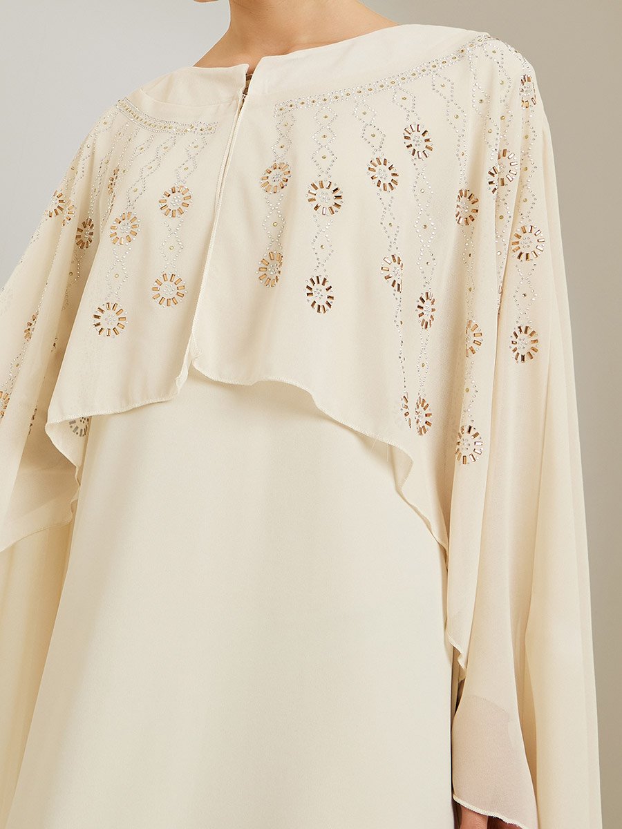 Cream Embellished Cape Sleeve Maxi Dress