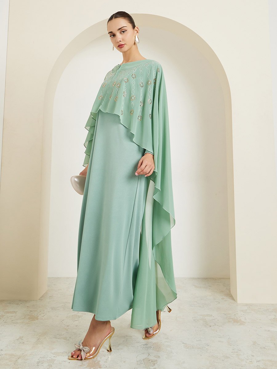 Green Embellished Cape Sleeve Maxi Dress