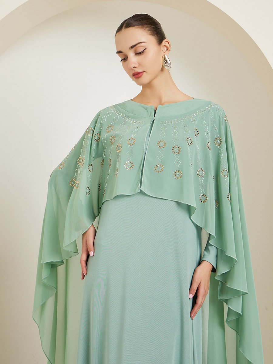 Green Embellished Cape Sleeve Maxi Dress
