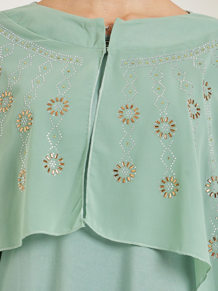 Green Embellished Cape Sleeve Maxi Dress