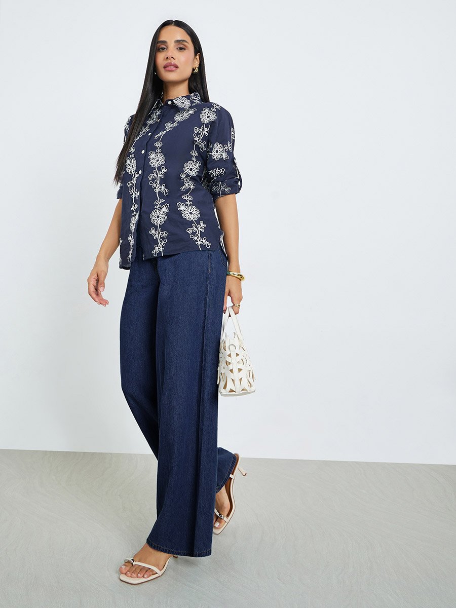 Navy Blue Cotton Embroidered Regular Fit Shirt