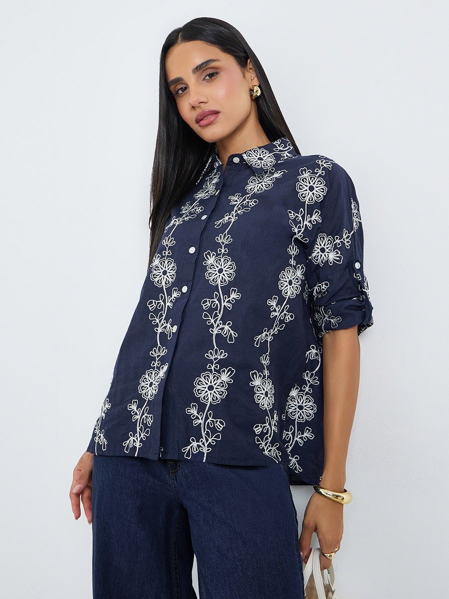 Navy Blue Cotton Embroidered Regular Fit Shirt