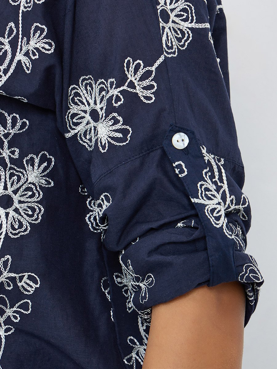 Navy Blue Cotton Embroidered Regular Fit Shirt