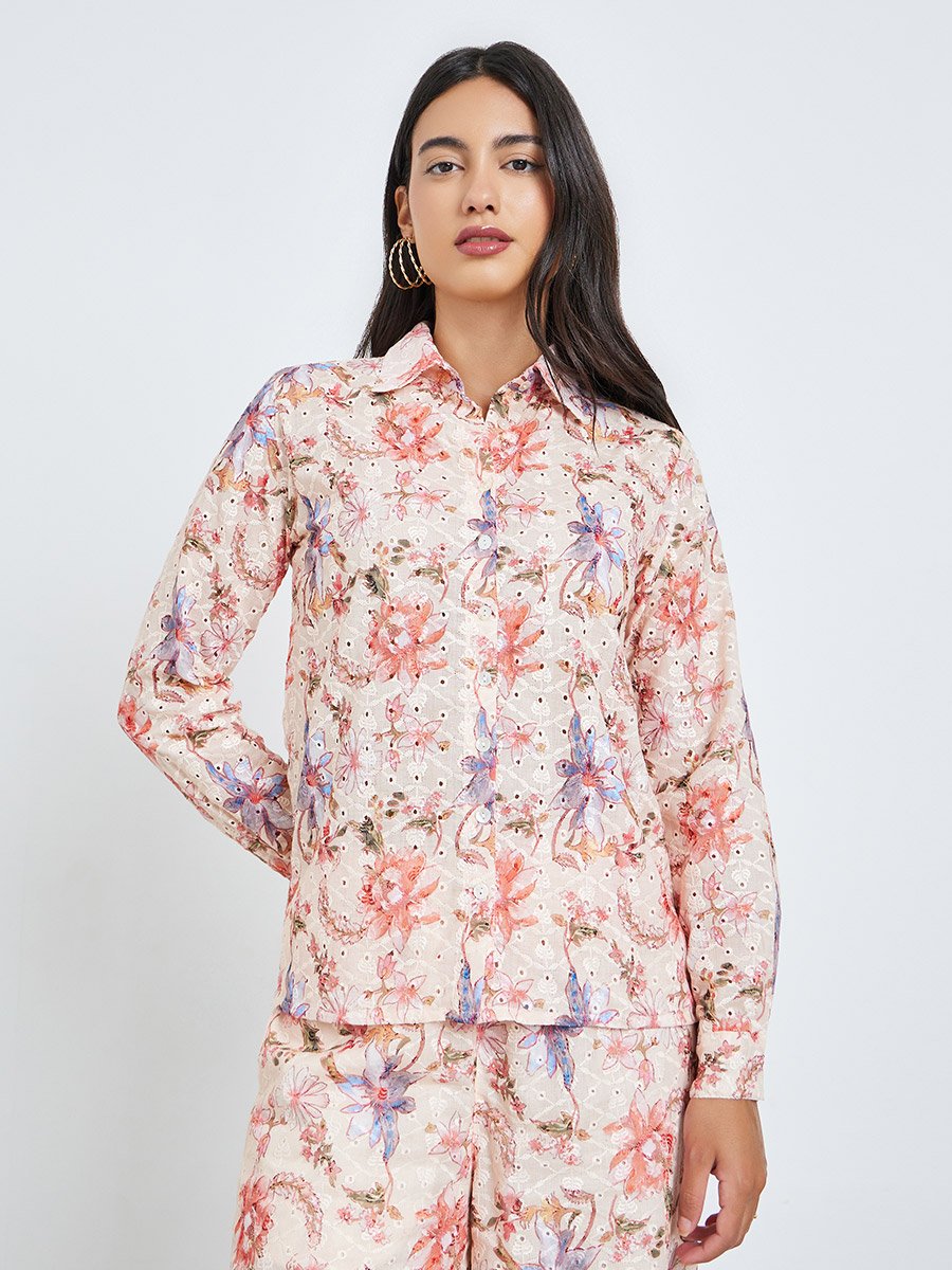 Beige Floral Print Shirt and Trousers Co-Ords