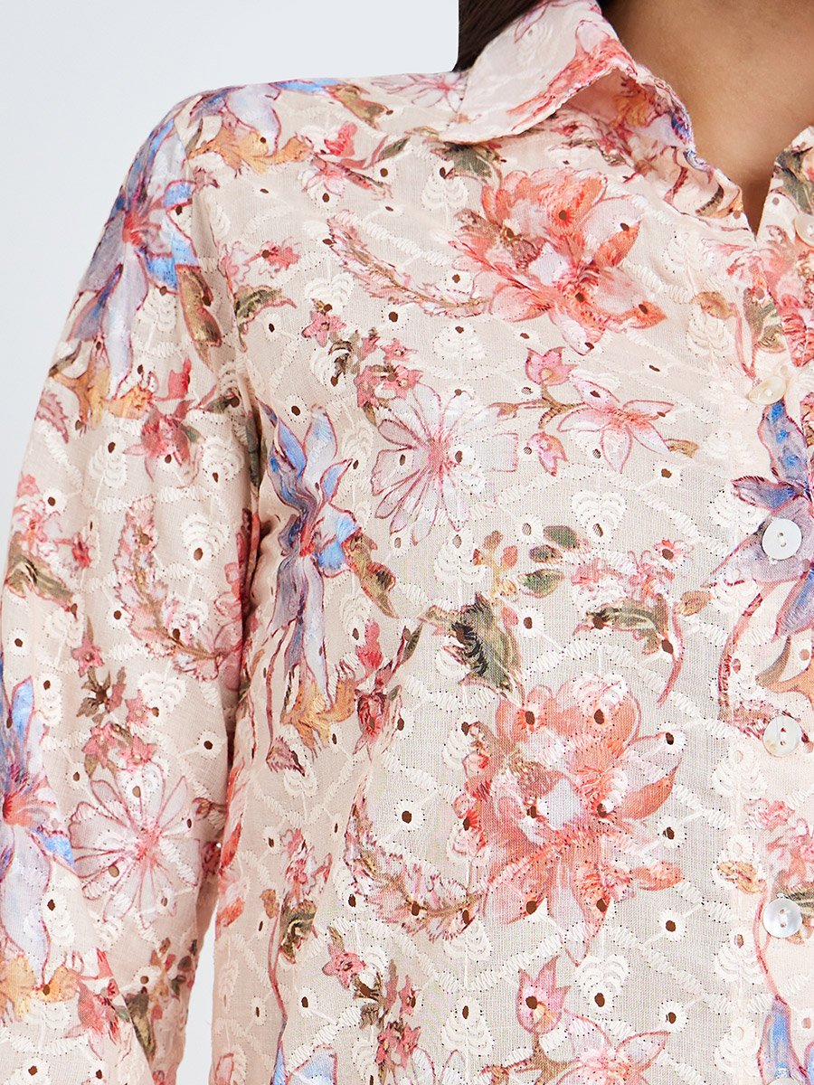 Beige Floral Print Shirt and Trousers Co-Ords